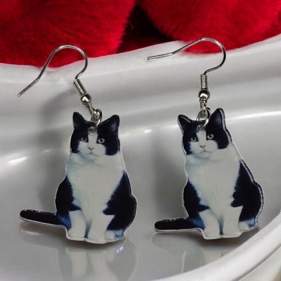 Black Tuxedo Cat 🐈‍⬛ Earrings Gothic Dangle Shiny Acrylic Tux Kitty Cute Gift - Picture 8 of 8